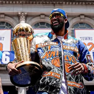 Shop Karl-Anthony Towns New York Knicks NBA Championship Victory parade 2026 Leather Jacket For Men and Women