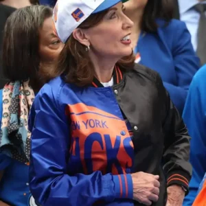 Shop Kathy Hochul New York Knicks Championship Parade Blue and Black Varsity Bomber Jacket For Men and Women