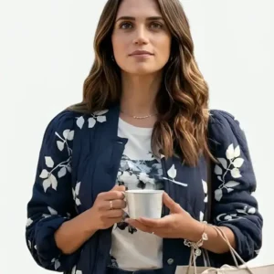 Shop Kayli Movie The Love Heist 2026 Lyndsy Fonseca Navy Floral Bomber Jacket