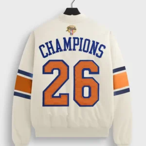 Shop Kith New York Knicks 2026 Champions Off White Satin Bomber Jacket