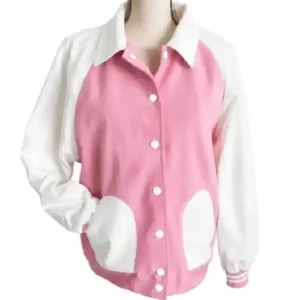 Shop Lexi Minetree TV Series Elle 2026 Elle Woods Light Pink and White Wool Varsity Jacket For Women