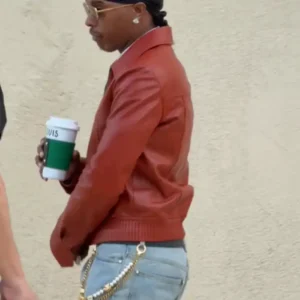 Shop Lil Baby Paris Fashion Week 2026 Louis Vuitton Maroon Leather Jacket For Men and Women