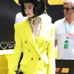 Shop Lily Collins Monaco GP 2026 Yellow Blazer For Women