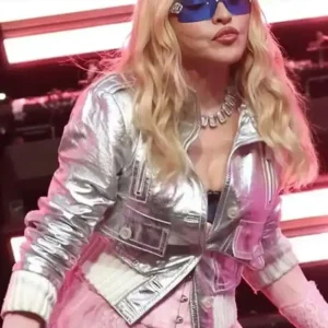 Shop Madonna Surprise Concert 2026 Silver Leather Jacket For Women