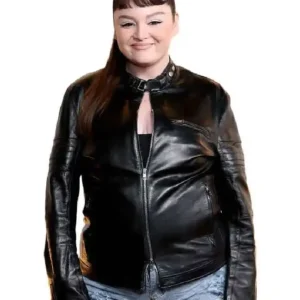 Shop Megan Stalter Hacks S05 Premiere Black Cafe Racer Moto Leather Jacket