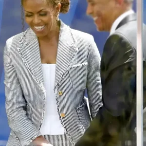 Shop Michelle Obama 2026 Presidential Center Dedication Ceremony Grey and White Blazer Jacket
