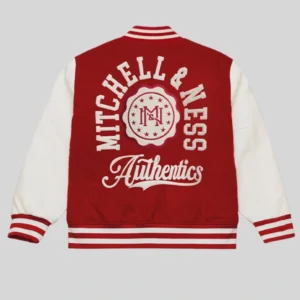 Shop Mitchell and Ness x Authentic Branded Letterman Red and White Wool Jacket