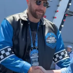 Shop NASCAR San Diego 2026 Travis Kelce Blue and Black Leather Jacket