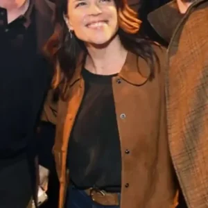 Shop Neve Campbell Scream 7 Movie Premiere Event 2026 Sidney Prescott-Evans Brown Suede Leather Jacket