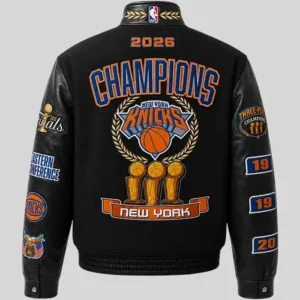 Shop New York Knicks 2026 Basketball Champions Jeff hamilton Black Wool With Leather Jacket