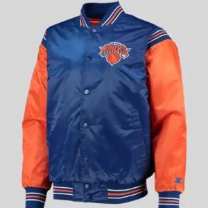 Shop New York Knicks Starter Blue and Orange The Enforcer Satin Varsity Jacket For Men and Women