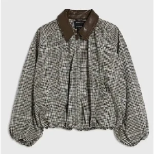 Shop Saffron Lempriere TV Series TOWIE S36 Brown Check Bubble Hem Bomber Jacket For Women