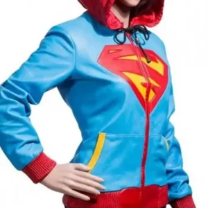 Shop Supergirl House of El Shield Blue and Red Hooded Leather Jacket