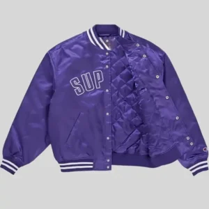 Shop Supreme Champion Purple Satin Full Snap Varsity Jacket For Men and Women