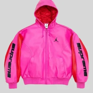 Shop Supreme X Jordan Pink Hooded Leather Jacket