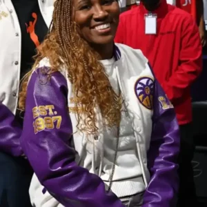 Shop Temeka Johnson New York Liberty vs Los Angeles Sparks White and Purple Varsity Jacket