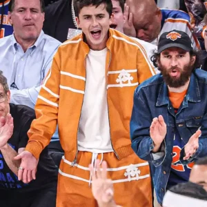 Shop Timothée Chalamet NBA Finals 2026 New York Knicks Game 3 Madison Square Garden Orange Leather Jacket