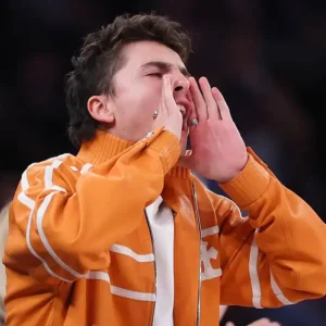 Shop Timothée Chalamet NBA Finals 2026 New York Knicks Orange Jacket
