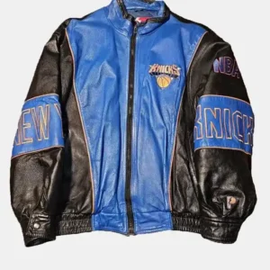 Shop Timothée Chalamet New York Knicks Vintage Blue and Black Leather Jacket