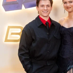 Shop Tom Holland Spiderman Brand New Day Press Tour Madrid 2026 Black Jacket