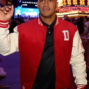 Shop Valentine Holmes NRL Fan Day Chenille Red and White Wool Letterman Varsity Jacket For Men and Women