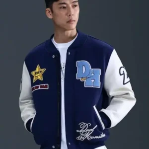 Shop Yu-Gi-Oh x Nike Destroyer Blue And White Full-Snap Varsity Bomber Jacket For Men and Women