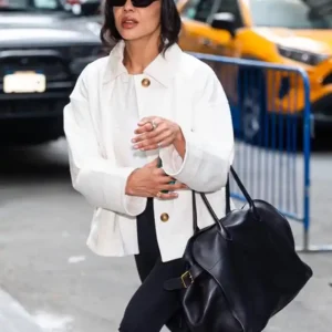 Tessa Thompson New York City 2026 White Cropped Trucker Jacket