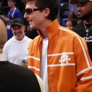 Timothée Chalamet NBA Finals 2026 New York Knicks Game 3 Orange Leather Jacket For Sale