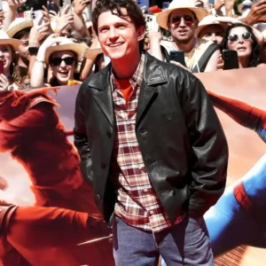 Tom Holland Spider Man Brand New Day 2026 Madrid Press Tour Black Leather Jacket For Men and Women