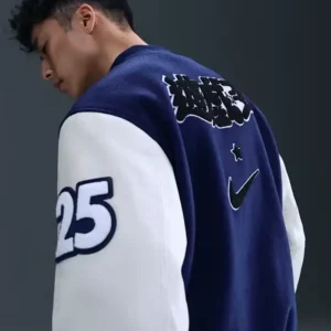 Yu-Gi-Oh x Nike Destroyer Blue And White Full-Snap Varsity Bomber Jacket For Men and Women