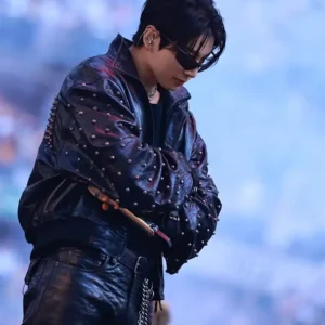 Arirang Paris Tour 2026 Jungkook Custom Balenciaga Black Leather Studded Jacket