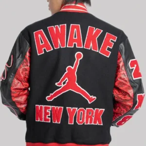 Awake New York x Jordan Varsity Letterman Black and Red Bomber Jacket