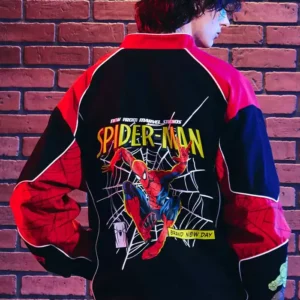 Brand New Day Spider-Man Red and Black Graphic Racing Bomber Jacket Sale