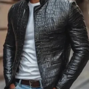 Crocodile Embossed Leather Jacket