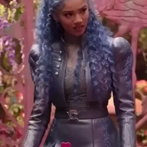 Descendants Wicked Wonderland Malia Baker Blue Cropped Leather Jacket For Sale