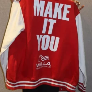 F1 Academy Paddock Wella Professional Red and White Varsity Jacket For Sale
