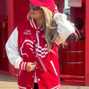 F1 Academy Paddock Wella Professional Red and White Varsity Jacket Sale