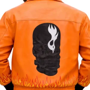 Flame Style Skull Embroidered Orange Bomber Leather Jacket