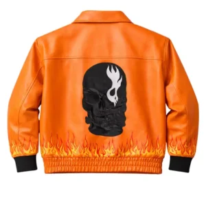 Flame Style Skull Embroidered Orange Bomber Leather Jacket For Men and Women