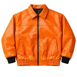 Flame Style Skull Embroidered Orange Bomber Leather Jacket For Sale