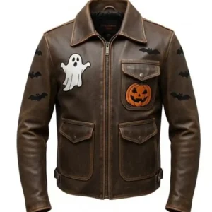 Halloween Distressed Graphic Brown Leather Jacket