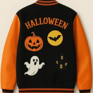 Halloween Embroidered Pumpkin Ghost Haunted House Black and Brown Varsity Jacket