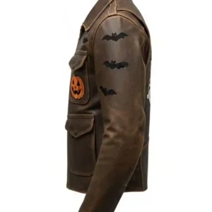 Halloween Ghost Pumpkin Bat Graphic Distressed Brown Leather Jacket