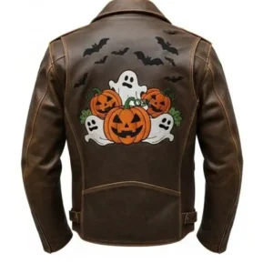 Halloween Ghost Pumpkin Bat Graphic Distressed Brown Leather Jacket For Men and Women