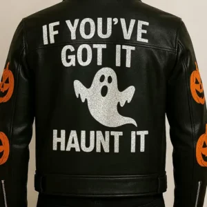 Halloween Handmade Pumpkin and Skull Black Leather Biker Jacket