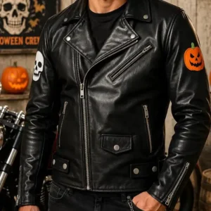 Halloween Handmade Skull and Pumpkin Patch Biker Jacket