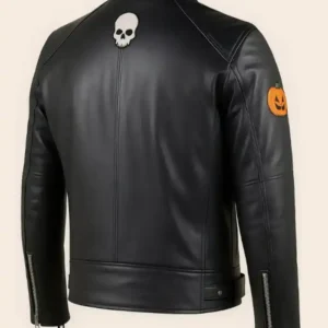 Halloween Handmade Skull and Pumpkin Patch Black Leather Biker Jacket For Sale