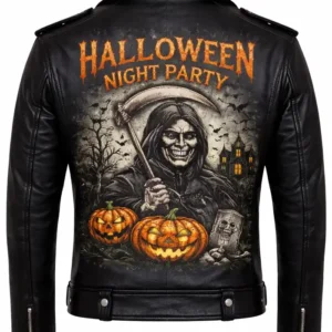 Halloween Night Party Pumpkin Skull Grim Reaper Patches Black Leather Biker Jacket