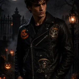 Halloween Night Party Pumpkin Skull Grim Reaper Patches Black Leather Biker Jacket For Men
