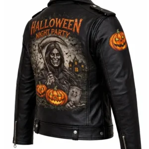 Halloween Night Party Pumpkin Skull Grim Reaper Patches Black Leather Biker Jacket For Sale
